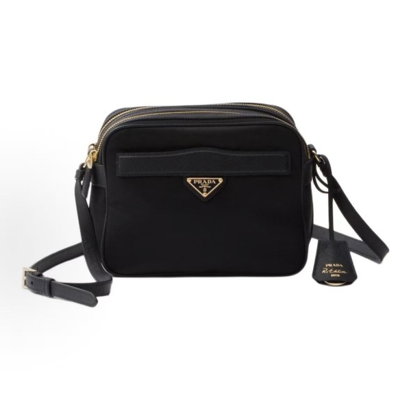 PRADA women\'s black crossbody single-shoulder bag with an enamel metal triangular logo on the front
